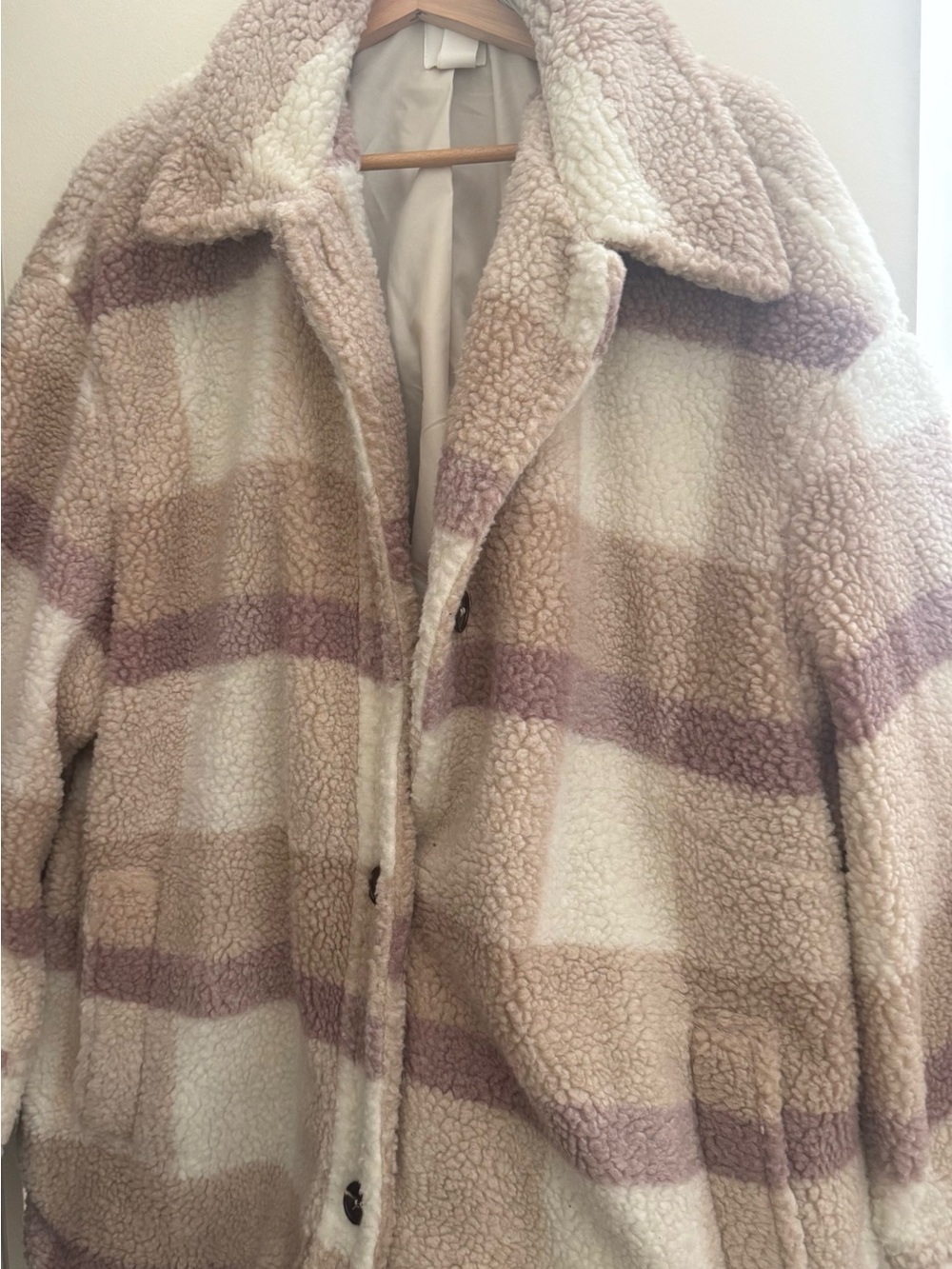 H&M Oversized Plaid Teddy Sherpa Coat Cream Taupe Mauve XXL